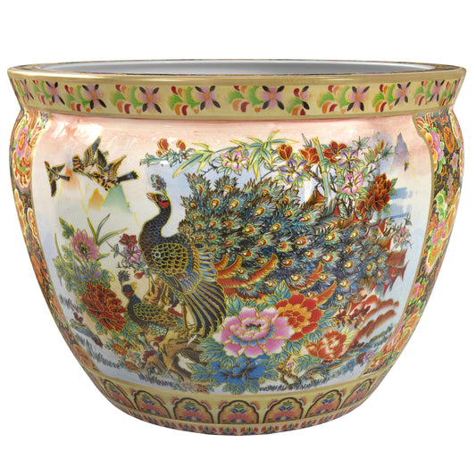Red Lantern 18" Satsuma Garden & Peacock Porcelain Fishbowl