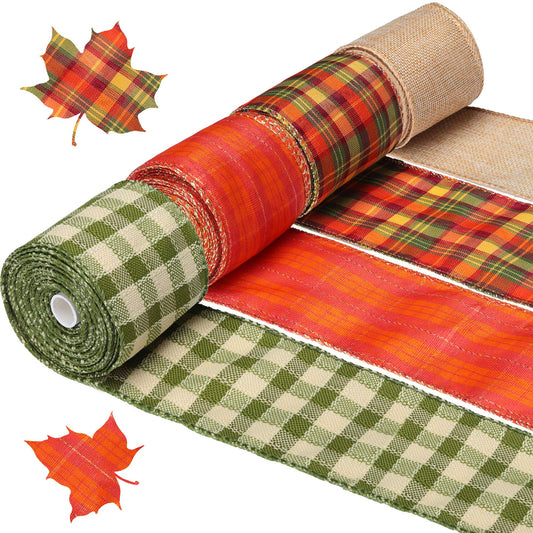 Syhood 4 Rolls Fall Ribbons 2.5″ Thanksgiving Plaid Burlap Wired Edge Ribbons for Autumn Gifts Wrapping DIY Crafts Floral Bows Wreath Making Supplies Decoration, 24 Yards in Total, 4 Styles
