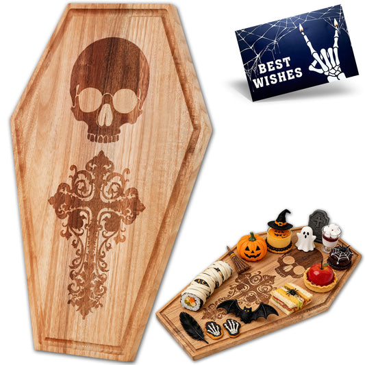Halloween Coffin Charcuterie Board,Gothic Acacia Wooden Cutting Board for Kitchen Food Display,Skeleton Pattern Serving Tray,Goth Party Decor,Spooky Platter Gifts,17×10.5 Inch