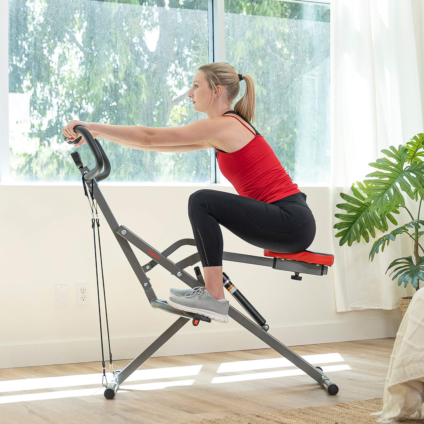 Sunny Health & Fitness Row-N-Ride PRO Squat Machine for Home, Foldable 300 LB Capacity Rower with 12 Level Resistance Rower, Easy Setup Full Body Exercise Equipment Rowing Machine - SF-A020052