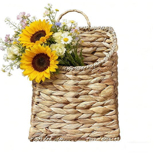 Boho Wall Hanging Basket, Water Hyacinth Woven Basket for Front Door, Flat Back Wall Mounted Entryway Organizer, Storage for Flowers, Plants, Farmhouse, Home Decor