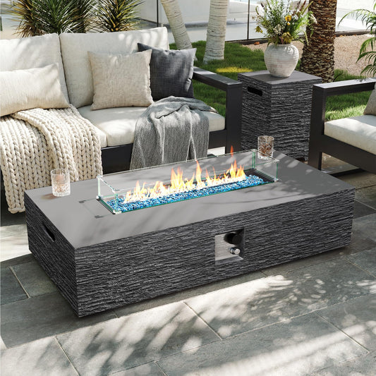 UPHA 56-inch Outdoor Propane Gas Fire Pit Table 50000 BTU Concrete Rectangle FirePit for Outside Patio with Propane Tank Cover, Wind Guard, Blue Glass Rocks, Rain Cover, Grey