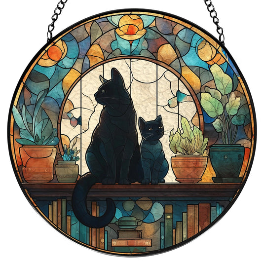 LIANGEAGOM Black Cat Book Lovers Stained Glass Window Hanging, Book Lovers Reader Gifts Suncatchers Sun Catchers Indoor Window Glass Wall Art Decorations, Black Cat Gifts for Women, 7.9x7.9in, Patio