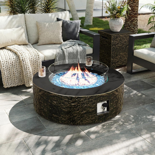 UPHA 42-inch Outdoor Propane Gas Fire Pit Table 50000 BTU Concrete Round FirePit for Outside Patio with Propane Tank Cover, Wind Guard, Blue Glass Rocks, Rain Cover, Bronze