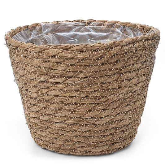 Small Basket Planter 7.1" x 5.9" Seagrass Containers, Hand Woven Wicker Cover Storage, Stylish Plastic Liners Straw Flower Jute Pots for Outdoor Indoor Use Mums Front Porch Room Decoration