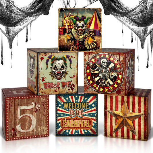 Saypacck 6 Pcs Large Halloween Creepy Carnival Decorations Circus Clown Box Horror Party Boxes Carnival Circus Theme Decorations for Horror Haunted House Party Supplies(Retro)