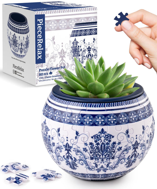 PieceRelax 3D Puzzle Planter - Classic Ornamental Style - Small Round Plant Pots with Drainage, for Mom, Home Decor Flower Pots for Indoor Cactus, Succulents Pots [K1103]