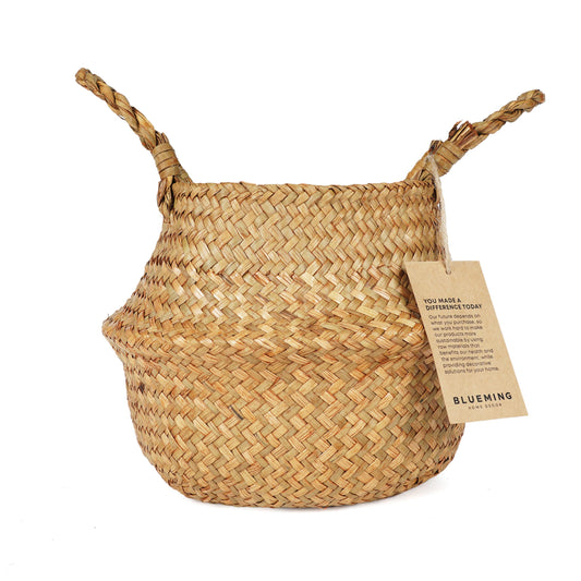Basket Planter for Indoor Plants – 7 Inch Small Woven Wicker Pot for Olive Tree, Faux Plants, or Snake Plant, Handwoven Seagrass Basket with Handles (Original, Small)
