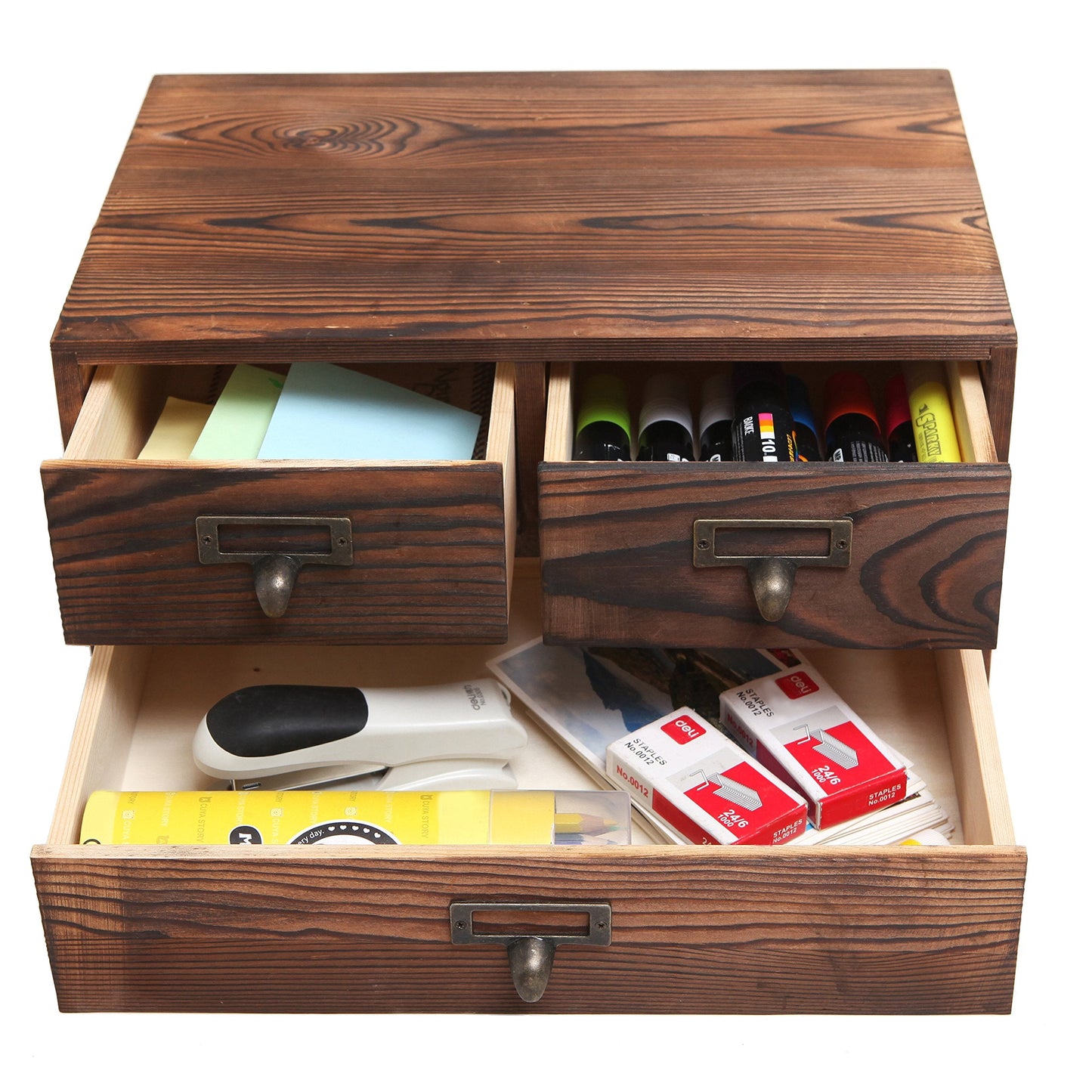 MyGift Wooden Desk Organizer with Drawers, Dark Brown Wood Desktop Storage Cabinet with 3 Drawers for Office Supplies, Sewing Kits and Accessories