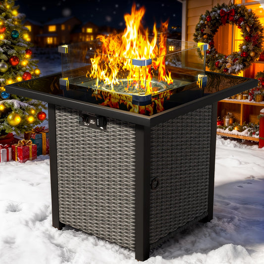 Propane Fire Pit Table, Outdoor Fire Pit Table, 27" Rattan Square Outdoor Gas Fire Pit with Glass Wind Guard, Tempered Glass Tabletop, Lid, CSA Listed, 50,000 BTU for Outside Patio Deck & Garden,Black