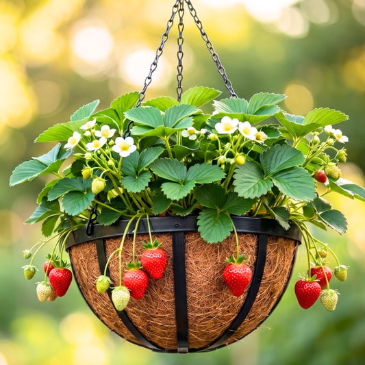 LaLaGreen Outdoor Hanging Baskets for Plants (12 Inch, 2 Pack) Medium Black Hanging Planters with Coco Liner, Metal Flat Iron Flower Pots for Deck Patio Porch Modern Garden Balcony Outside Decoration