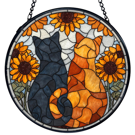 TNUW Cat Sunflower Stained Glass Window Hanging, Black Orange Cat Sunflower Suncatchers Indoor Window Glass Round Wall Art Decor, Cottagecore Floral Kitten Wall Hanging Decorations, 7.9＂x7.9＂