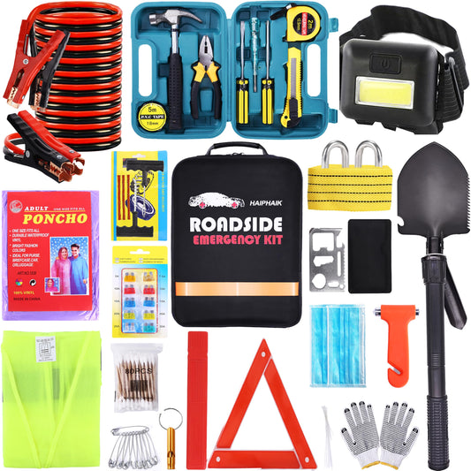HAIPHAIK Roadside Emergency Car Kit-Emergency Car Kits for Vehicles Car Safety Kits with Jumper Cables,Tow Rope, Safety Hammer, Reflective Warning Triangle,Gifts for New Drivers