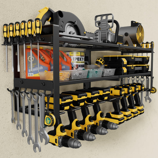 Jusgym Power Tool Organizer Wall Mount |350lbs Garage Tool Storage Rack with 6 Cordless Drill Holder |3-Tier 32''W Heavy Duty Garage Organization |Fathers Day Dad Gifts for Men