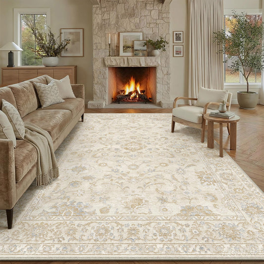 WondRg 8x10 Beige Washable Area Rug for Living Room Bedroom Neutral Soft Floral Non Slip Large Throw Rug Lightweight Vintage Low Pile Distressed Carpet Office Playroom Dining Room Home Decor