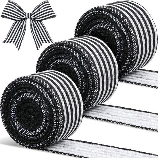 3 Rolls 30 Yard x 2 Inch Striped Ribbon Fabric Grosgrain Ribbon Craft Wrapping Striped Ribbons Christmas Wired Edge Ribbons for Christmas Wrapping Embellishments(Black and White Stripe)