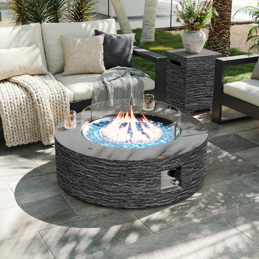 UPHA 42-inch Outdoor Propane Gas Fire Pit Table 50000 BTU Concrete Round FirePit for Outside Patio with Propane Tank Cover, Wind Guard, Blue Glass Rocks, Rain Cover, Grey