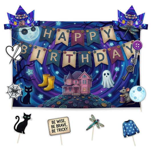 Allenjoy Horror Movie Halloween Cat Party Decorations Set - 11 Piece Kit with 59"x35" Backdrop, 2 Headbands, 8 Photo Booth Props, Decor Supplies, Favors for Boys Girls Men Women
