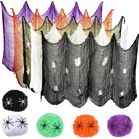 5 Pieces Halloween Creepy Cloth 31 x 87 Inch and 5 Pieces Stretch Spider Web with 10 Fake Spider, Spooky Cloth Scary Gauze Cloth and Stretch Cobweb for Halloween Party Wall Garden Decor, 5 Colors