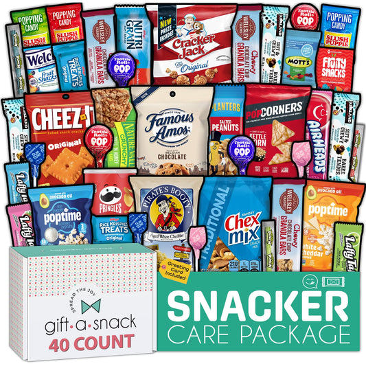 Gift A Snack - Mothers Day Treats, Snack Box Variety Pack Care Package + Greeting Card (40 Count) Birthday Sweet Treats Gift Basket, Candies Chips Crackers Bars Office Food Assortments & Variety Gifts