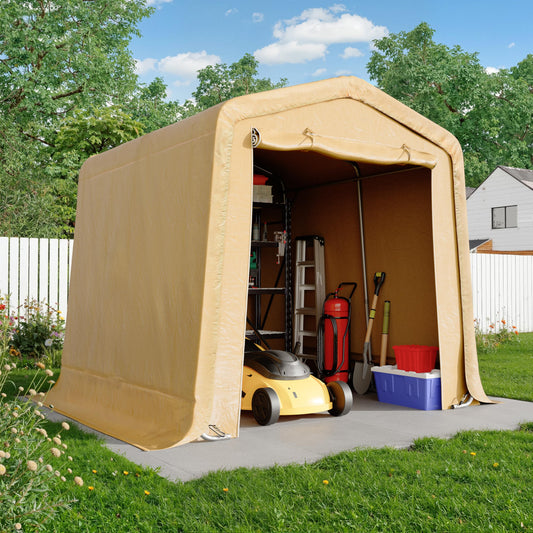CHARMELEON 8x8FT Heavy Duty Outdoor Storage Shelter,Portable Garage Shelter for Garden Tool Motorcycle Bike,All-Steel Metal Frame Storage Tent with Dual Doors & Thickened Fabric (Khaki)