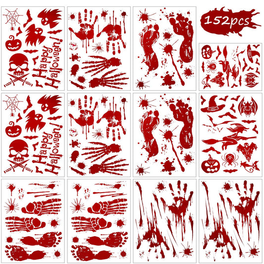 Outus 152 Pcs Halloween Stickers Footprints Window Floor Decal Splats Wall Stickers for Halloween Winter Holiday Party Decorations, 12 Sheets