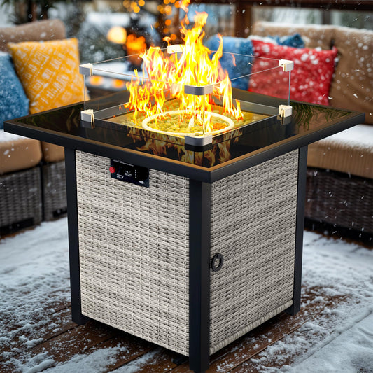 Propane Fire Pit Table, Outdoor Fire Pit Table, 28" Rattan Square Outdoor Gas FirePit with Glass Wind Guard, Tempered Glass Tabletop, Lid, CSA Listed, 50,000 BTU, Outside Patio & Garden, Gray-White