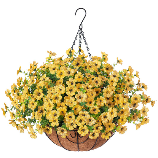 HyeFlora Artificial Fake Fall Hanging Mums Plants Flowers Basket for Outdoor, Autumn Faux Silk Yellow Daisy in Hang Planter Look Real UV Resistant for Porch Home Patio Balcony Yard Decor