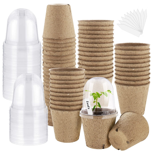 Hahood 60 Set Plant Seeding Pots with Humidity Dome, 3 Inch Brown Biodegradable Seed Starter Pots, Plant Nursery Pots with Plant Labels for Seedlings, Garden Vegetable Germination
