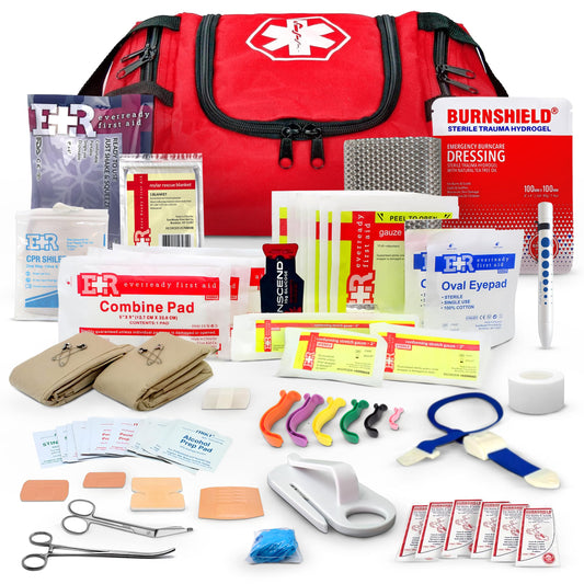Fully Stocked Trauma First Aid Kit – First Responder II Bag with Tools, Gauze, Bandages, Scissors & Gloves – Compact & Portable – OSHA and ANSI Compliant – Red