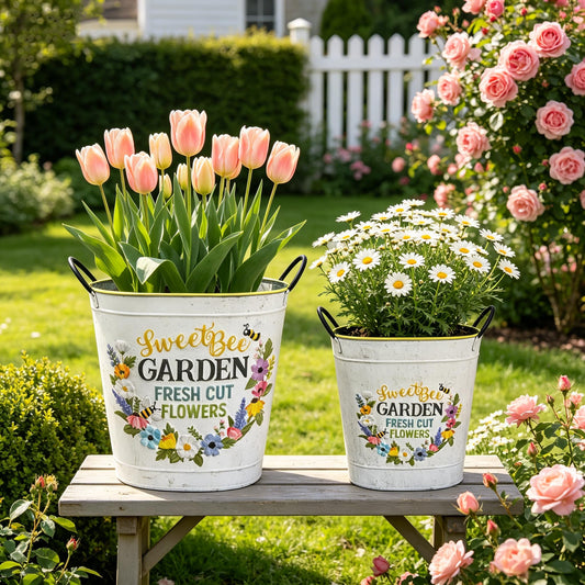 Xynthorvex Set of 2 Sweet Bee Garden Metal Planter Buckets, Rustic Farmhouse Flower Pots with Handles, Decorative Indoor Outdoor Gardening Containers for Succulents, Herbs, Home & Porch Decor