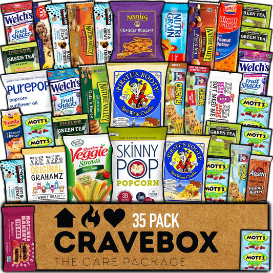 CRAVEBOX Healthy Snack Box (35 Count) Mother's Day Variety Pack Care Package Gift Basket Kid Men Women Adult Nuts Health Nutrition Assortment College Back to School