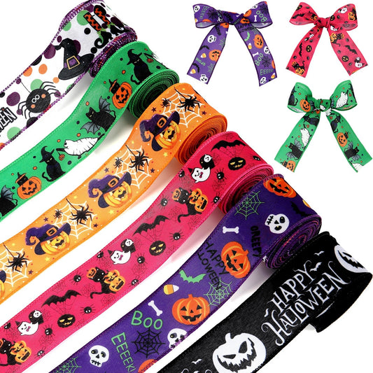 Tigeen 6 Rolls 30 Yards Halloween Wired Edge Ribbons Colorful Pumpkin Spider Web Skull Ghost Witch Cat Print Decorative Burlap Ribbons for Halloween Party Wreath Bows DIY Crafts Making, 2 Inch