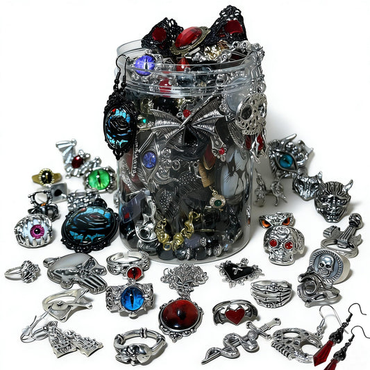 MINGRI Mystery Jewelry Jar,Gothic Jewelry Box for Women, Spooky Season Accessories Gift Set(30PCS Gothic Witch Punk Necklace,Earrings, Rings,Bracelets/Bangles),Unique Birthday & Party Favor for Her