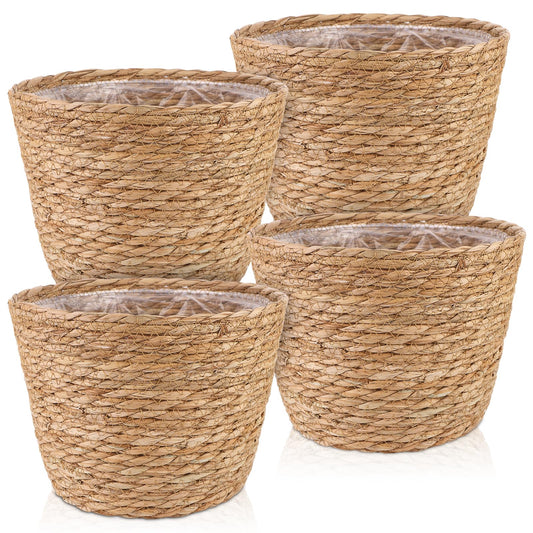 4 Pcs Large Premium Seagrass Planter Basket with Plastic Lining Natural Stylish Planter Baskets Indoor Outdoor Plants Woven Wicker Baskets for Plants Flower Pots Cover and Room Decor(10.2x7.5x7.5")