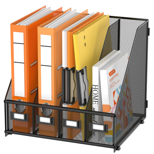 DALTACK 4 Vertical Compartments Magazine File Holder, Binder Organizer, Metal Desk Organizers for Office Home School Classroom Organization, Black