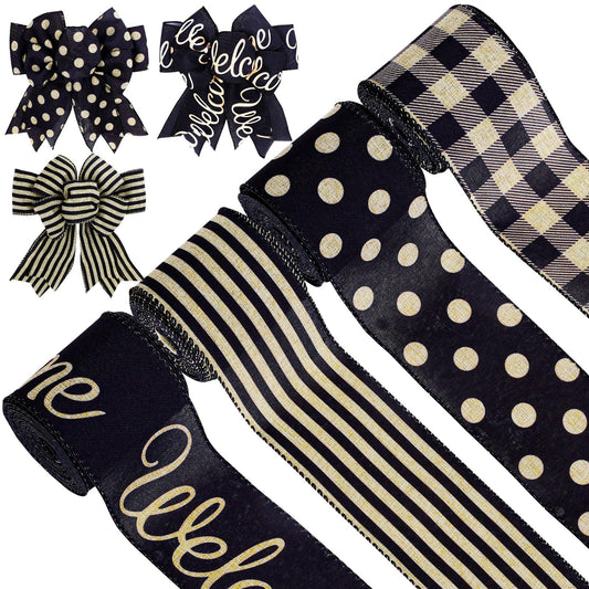 Whaline 30 Yards Halloween Wired Edge Ribbon Welcome Stripe Dot Buffalo Plaids Fabric Ribbon 4 Rolls Rustic Black Wrapping Ribbons for DIY Crafts Wreath Bow Floral Arrangement Decoration