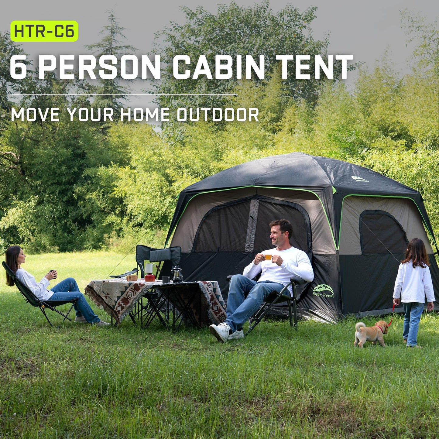 Happy Travel Tent 6 Person Tents for Camping, Waterproof Easy Setup Camping Tent with Rainfly, Portable Large Family Cabin Tent with 5 Large Mesh Windows and Carry Bag for Outdoor Camping & Hiking