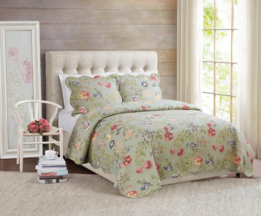 American Traditions Lifestyles Edens Garden 100% Cotton Quilt with 2 Shams, Full/Queen, Green, Floral Themed, for Men and Women, Oeko-TEX Certified Confidence