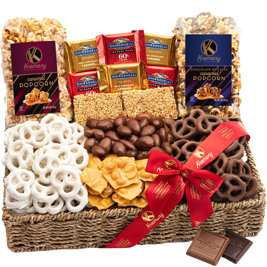 KREMERY Creamy Chocolate Cravings Mothers Day Treats, Chocolate Covered Pretzels, Nuts, Candy & Caramel Popcorn (Deluxe, 3.5 lbs) Sweet Treats in Seagrass Tray with Ribbon Kosher