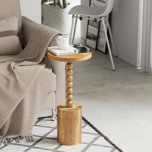 COZAYH Natural Wood End Table with Round Top and Decorative Beaded Pedestal, Farmhouse Accent Side Table Drink Table for Living Room or Small Spaces