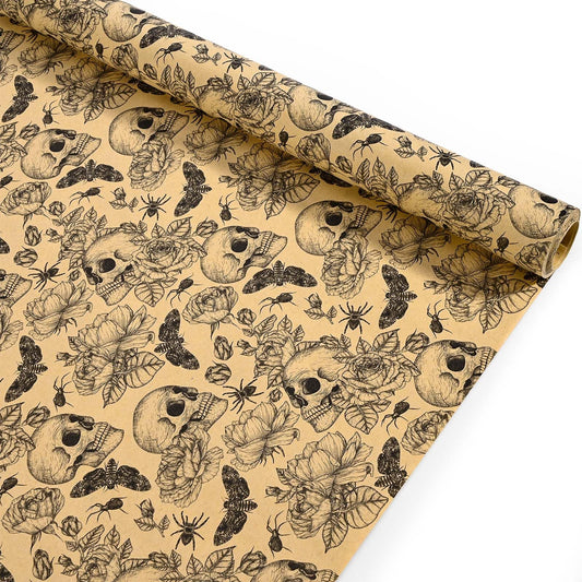 Bolsome Kraft Skull Wrapping Paper Goth Rose Skull Patterned Gift Wrap Paper Roll for Halloween Party Baby Shower Birthday Party Packaging Supplies, 17 Inches × 33Ft