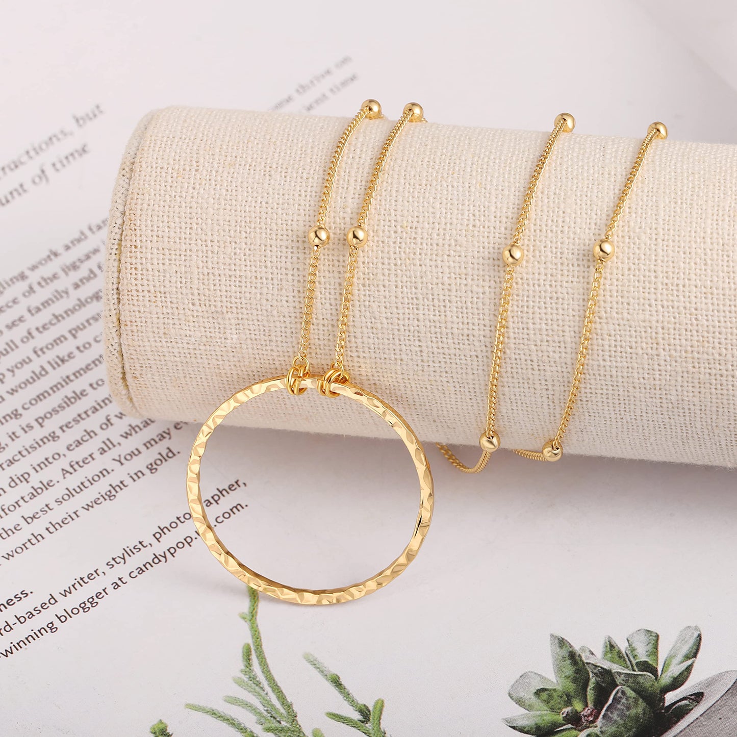 PERNNLA PEARL 18K Gold Circle Pendant Ncklace for Women Dainty Long Satellite Bead Chain Necklaces Statement Hammered Handmade Sweater Chain Y Necklaces 31”