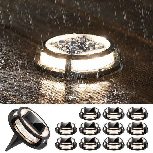 LUTEC 12 Pack Solar Driveway Lights, 12 LEDs IP67 Waterproof Outdoor Solar Dock Driveway Marker Lights for Step, Sidewalk, Pathway, Patio, Garden(Warm White)