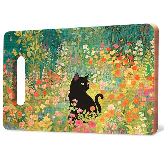 WARDOS Floral Black Cat Cutting Chopping Board, Cat Lovers Mom Lady Gifts, Wildflower Black Kitten Kitty Bamboo Cutting Boards for Spring Kitchen