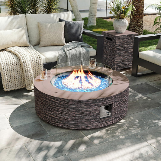 UPHA 42-inch Outdoor Propane Gas Fire Pit Table 50000 BTU Concrete Round FirePit for Outside Patio with Propane Tank Cover, Wind Guard, Blue Glass Rocks, Rain Cover, Reddish Brown