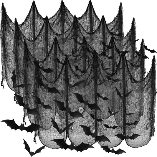 Tegeme 4 Pieces Halloween Black Creepy Cloth 30x72 Inch Spooky Scary Cheesecloth Freaky Polyester Gauze Cloth with 60 Pieces 3D Bat Sticker for Halloween Party Outdoor Yard Wall Decoration