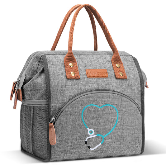 Srotek Nurse Gifts for Women - Embroidered Nurse Lunch Bag for Work, Large Capacity Wide-Open Lunch Box Insulated Reusable Lunch Tote Cooler Bag, Practical Nurse Accessories for Daily Use, Grey