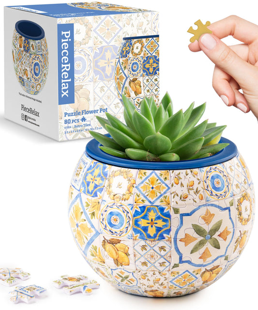 PieceRelax 3D Puzzle Planter - Retro Tiles - Danish Folklore Style, for Mom, Home Decor Flower Pots for Indoor Cactus, Succulents Pots [K1104]