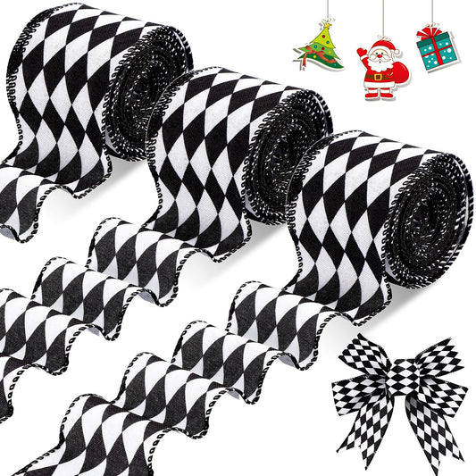 Luinabio 3 Rolls 30 Yard 2.5 Inch Christmas Black White Harlequin Ribbon Checkered Wired Ribbon Decorative for Xmas Fall Tree Wrapping Wreath Bouquet Crafts (Classic Style)
